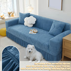 Luxury Skirted Sofa Cover Full Coverage Stretch Velvet Slipcover – Anti-Slip Pet-Friendly Couch Protector for 1/2/3/4-Seater, Soft Warm Furniture Cover in Navy Blue & Charcoal Gray for Winter Christmas Home Decor