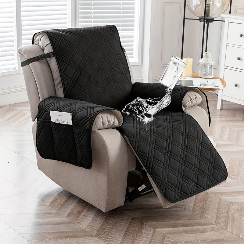 Quilted Recliner Chair Cover with Pocket Non-Slip Hook Loop Closure - 100% Polyester Washable Reclining Chair Slipcover Furniture Protector for Pets Dogs Cats, Easy Install, 9 Colors