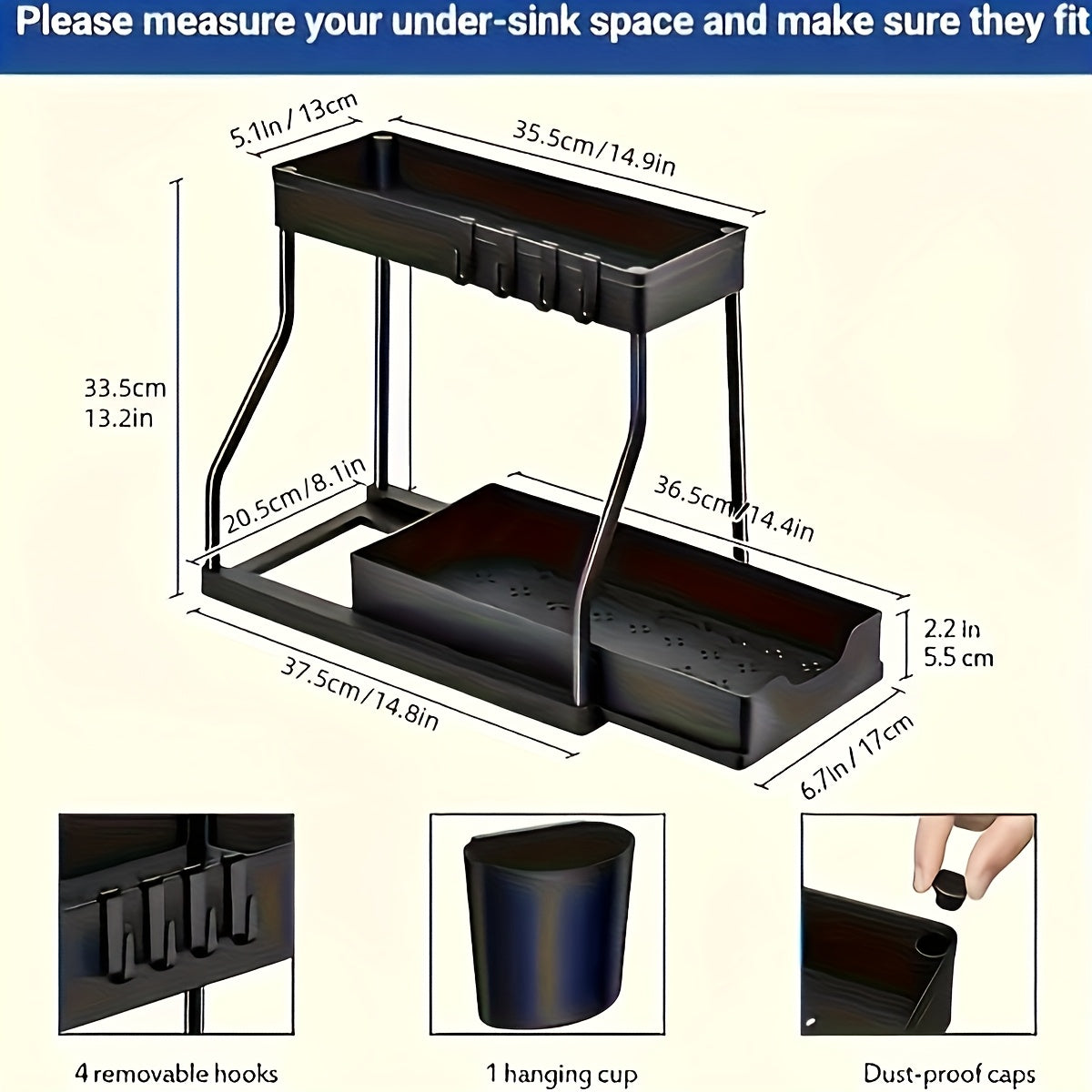 Under Sink Organizer 2-Tier Sliding Cabinet Basket with Hooks – Bathroom Kitchen Under Sink Storage Shelf Rack Organizer
