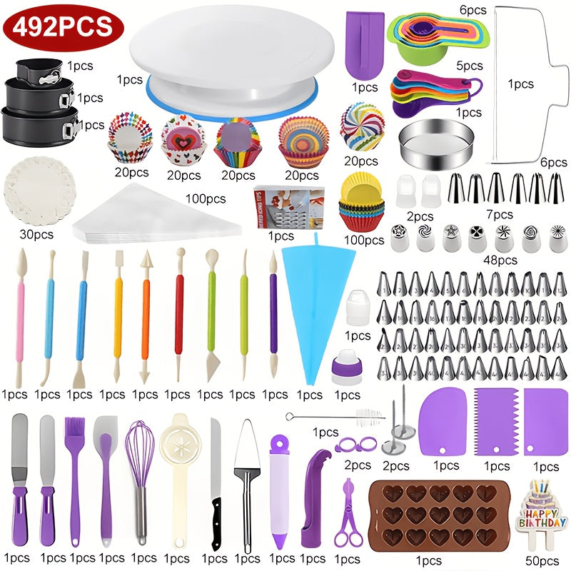 492-Piece Pro Cake Decorating Set - Complete Baking Kit with Cake Turntable, 58 Piping Tips, Reusable Piping Bags, Spatulas, Molds & More - Professional Quality for Home Bakers & Decorators