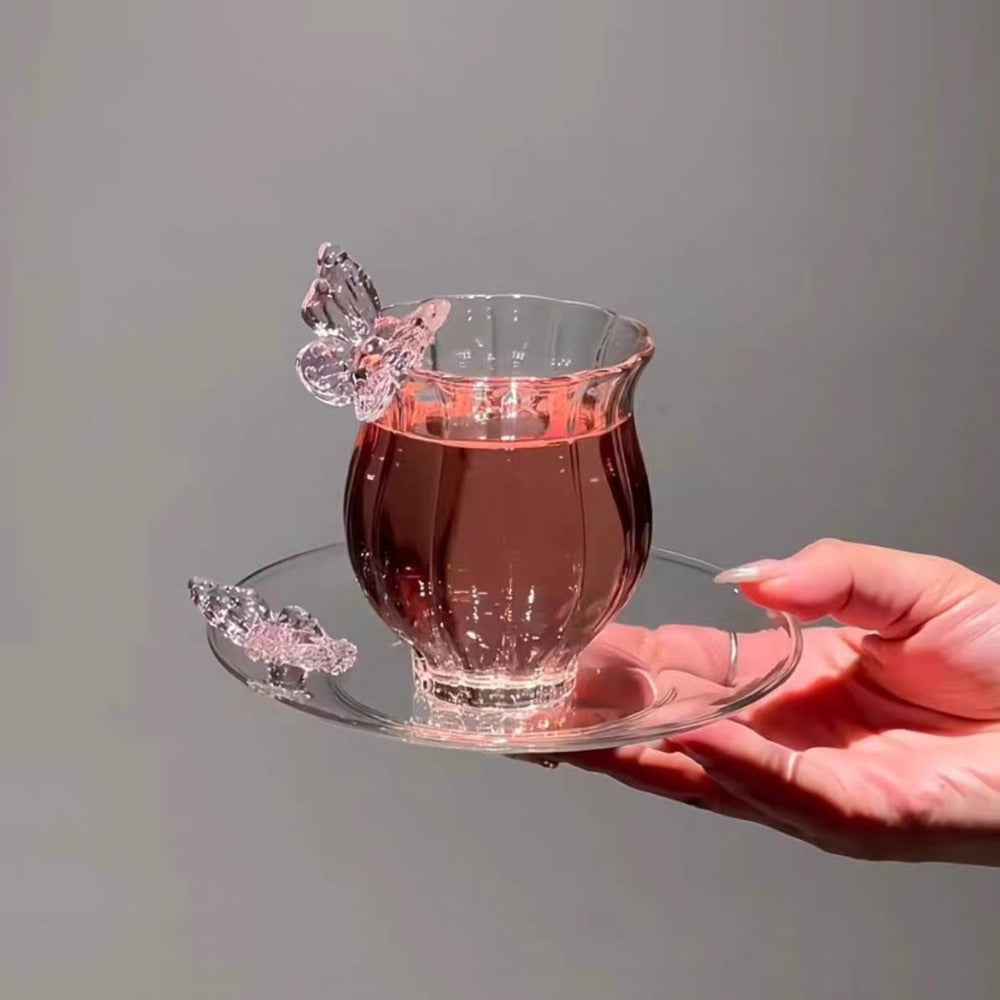 Borosilicate Glass Lotus Tea Cup with Plate 4.73oz – Heat Resistant Transparent Glassware, French Princess Style for Home, Office & Gifting