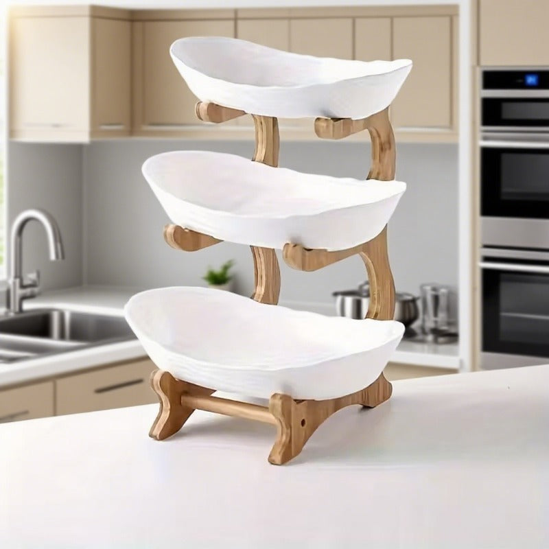 Stackable Tiered Fruit Plate with Wood-Look Design, 2 or 3 Tier Plastic Serving Tray Stand for Snacks, Bread & Fruit, Space-Saving Living Room Kitchen Countertop Organizer, Easy to Assemble