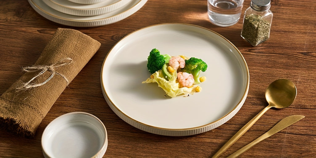 12-Piece Stoneware Dinnerware Set for 4 – Reactive Glaze Plates & Bowls, Lead-Free, Microwave & Dishwasher Safe, Raised Stripe Edge Design (Cappuccino White or Vanilla White)