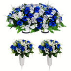 Artificial Cemetery Flowers for Grave with Saddles Silky Rose Bouquets with Vases Headstone Flower Saddle Memorial Day Outdoor Grave Headstone Decoration