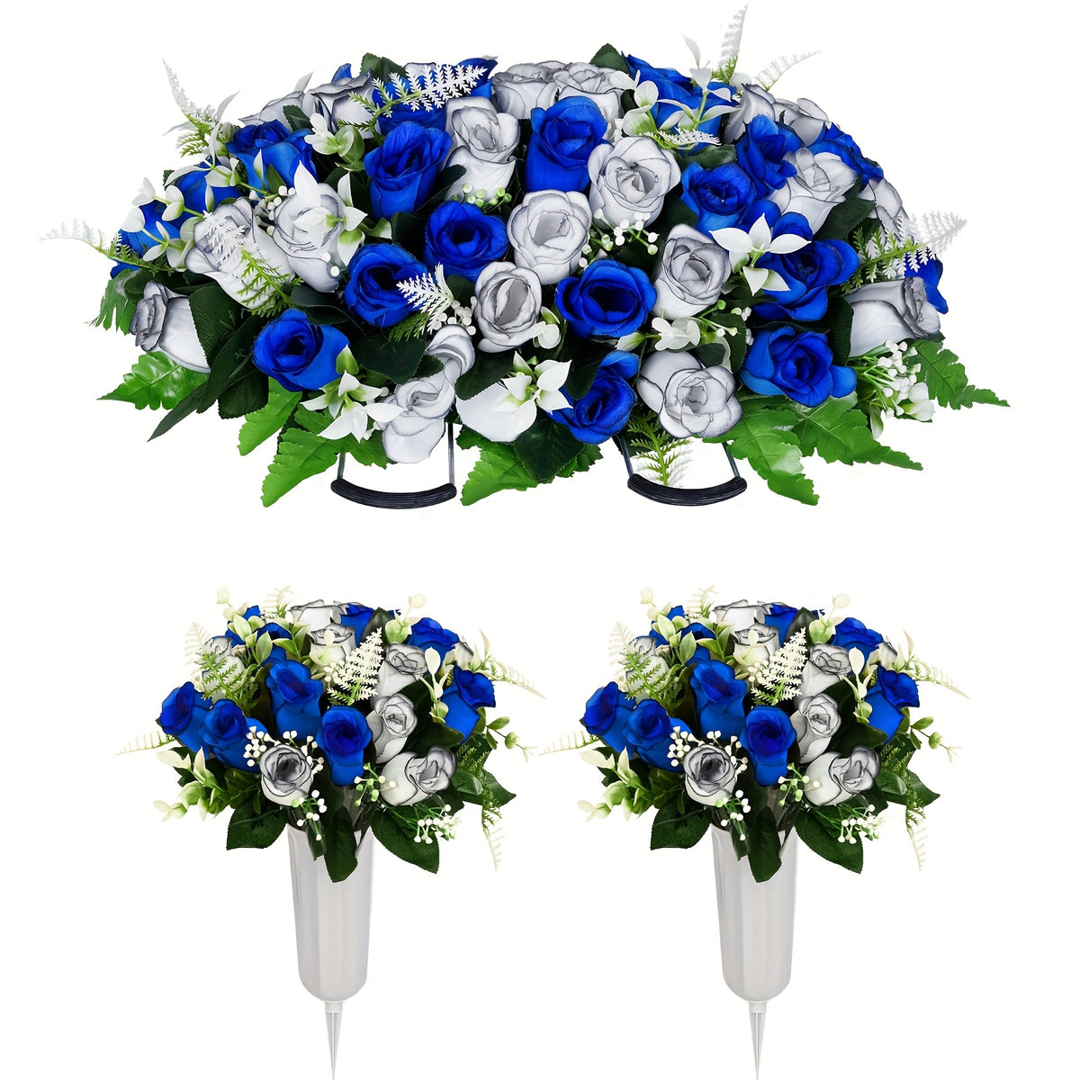 Artificial Cemetery Flowers for Grave with Saddles Silky Rose Bouquets with Vases Headstone Flower Saddle Memorial Day Outdoor Grave Headstone Decoration