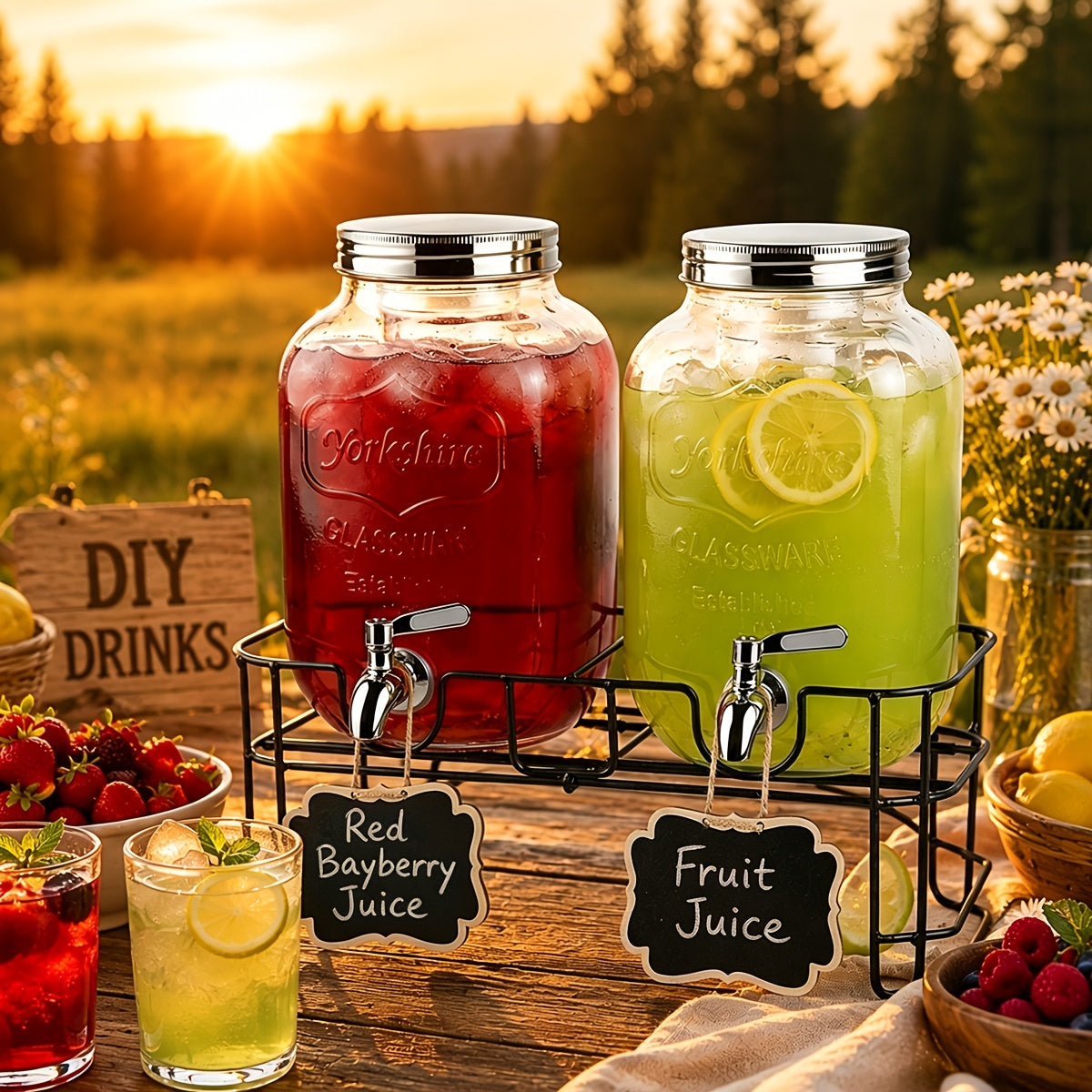 2-Pack Glass Beverage Dispenser with Fruit Infuser, Ice Cylinder & Stainless Steel Spigot – 1 Gallon Lemonade Drink Dispenser for Parties, BBQ, Weddings & Picnics
