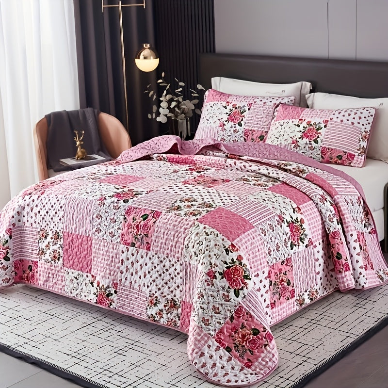 Pink Patchwork Quilted Bedspread Set 3 Piece – Sweet Floral Print, 1 Bedspread + 2 Pillowcases, Soft Breathable All-Season Bedding, Machine Washable, Twin Full/Queen King, Bedroom & Dorm Decor