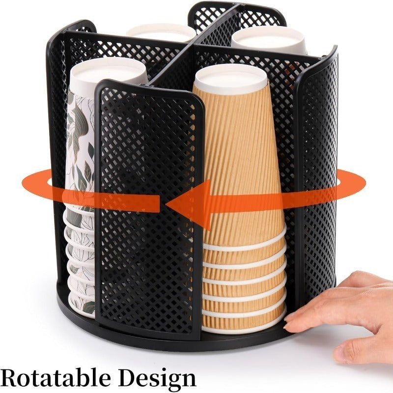 Rotating Paper Cup Holder with 4 Compartments | Disposable Coffee Cup Dispenser & Lid Rack for Countertop, Kitchen, Coffee Station & Bathroom | White or Black