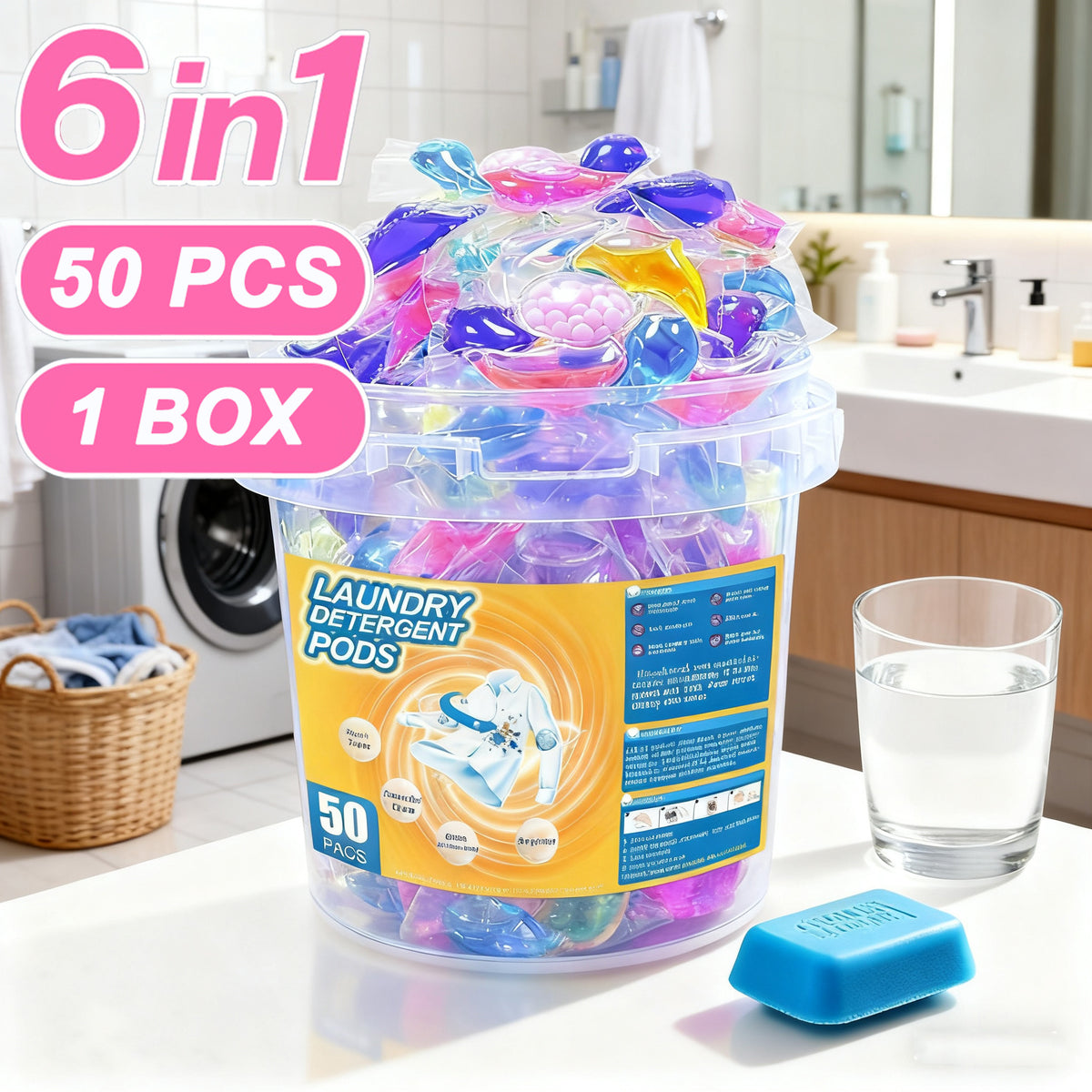 Laundry Scent Beads 6-in-1 with Detergent Dispenser & Laundry Balls, Long-Lasting Fragrance Washing Beads Pods for Fresh Clean Clothes, 50 Count Per Box, 1 or 2 Box Options