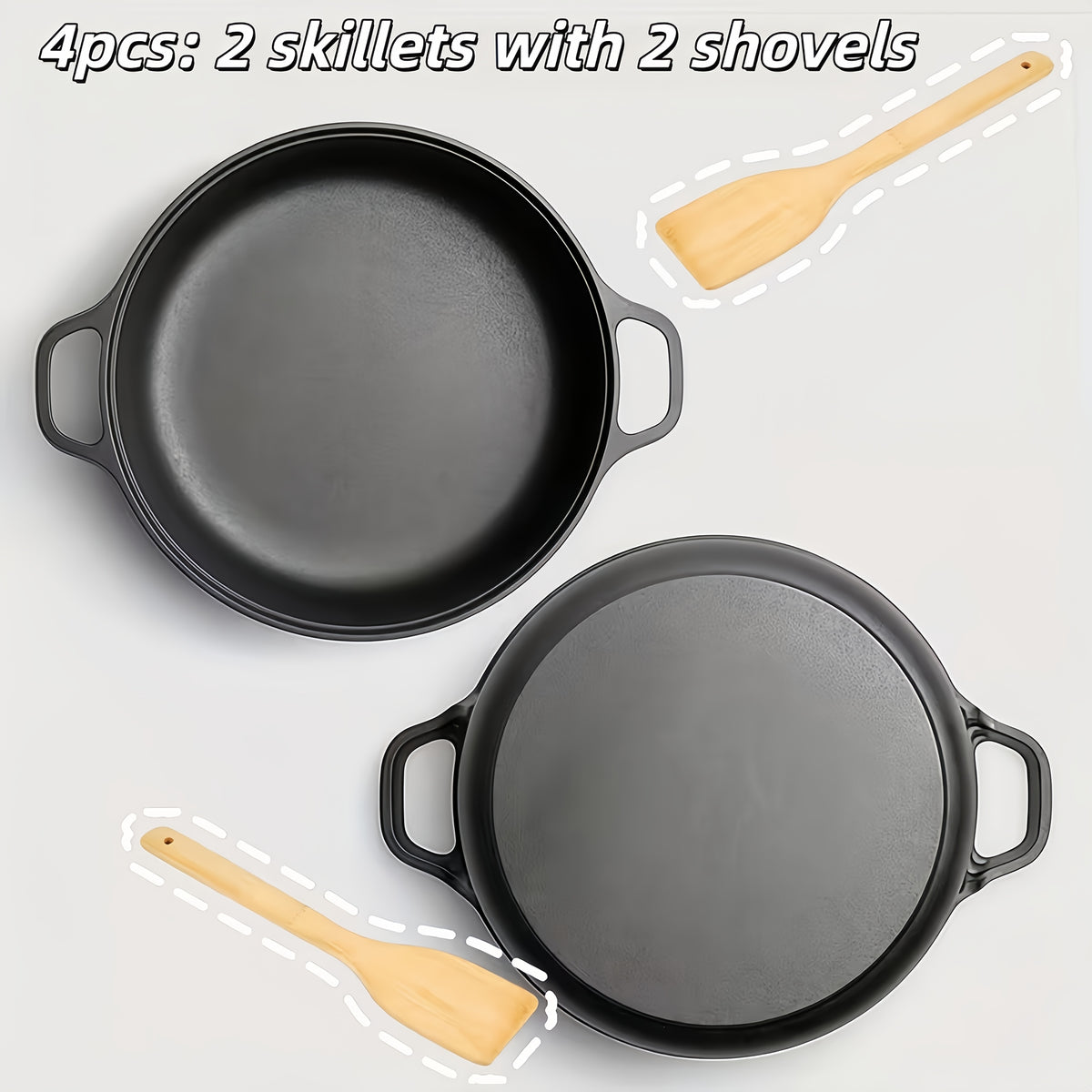 Deep Cast Iron Skillet 8.66 Inch with 2 Handles and Wooden Shovel Flat Bottom Frying Pan Oven Stovetop Grill Campfire Safe for Steak Bread Pizza Camping