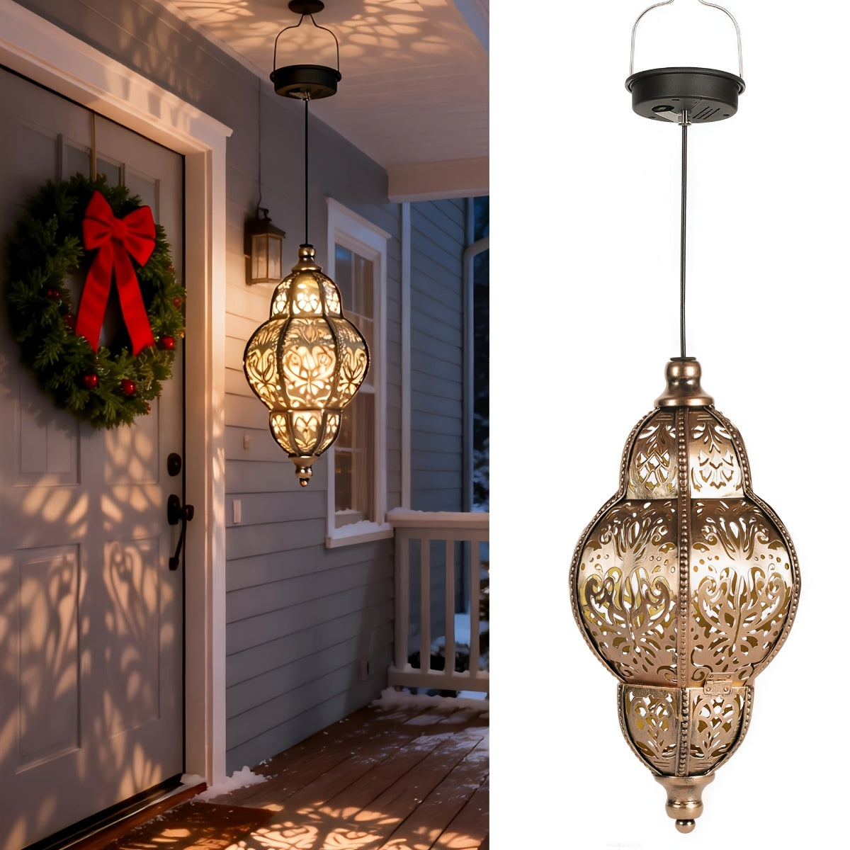 Outdoor Solar Hanging Lantern 27" – Metal Pendant Light Fixture with Removable Solar Panel & Auto Dusk-to-Dawn Sensor for Garden, Patio, Porch, Lawn & Deck, Oil-Rubbed Finish, Gold, Purple or Blue