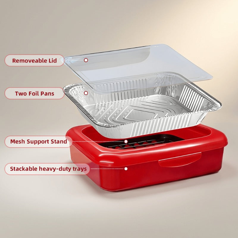 Reusable Food Storage Tray Set 4PCS 2-in-1 Plastic Serving Tray with Foil Trays – Holiday Party Containers for Christmas, Thanksgiving, BBQ & Outdoor Gatherings, White, Red & Black