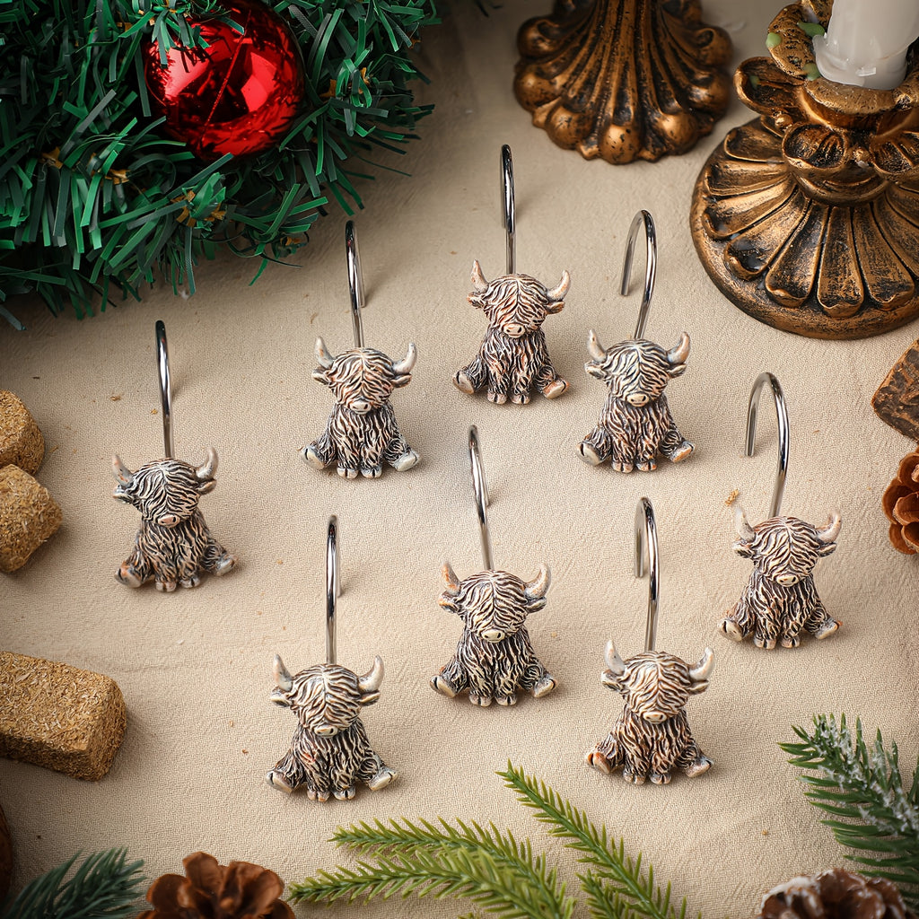 Highland Cow Shower Curtain Hooks 12 Pack - Western Farmhouse Rustic Bathroom Decor, Rust Resistant Metal Rings Hangers, Country Boho Bath Accessories Winter Home Decor