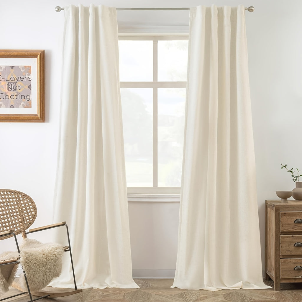 Linen Blackout Curtains 2 Panels – 100% Light Blocking Farmhouse Thermal Insulated Drapes, Rod Pocket Back Tab Ring Clips, Machine Washable, Living Room Bedroom, 9 Colors Multiple Sizes