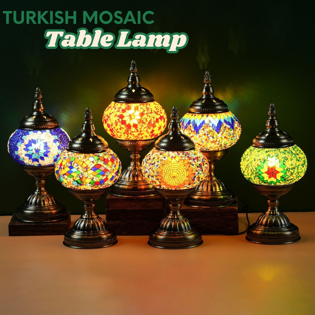 Handmade Turkish Mosaic Table Lamp 3-Color Dimming Glass Bedside Lamp with Metal Base - USB Powered Boho Decorative Light for Bedroom Living Room - Bulb Included, Ready to Use
