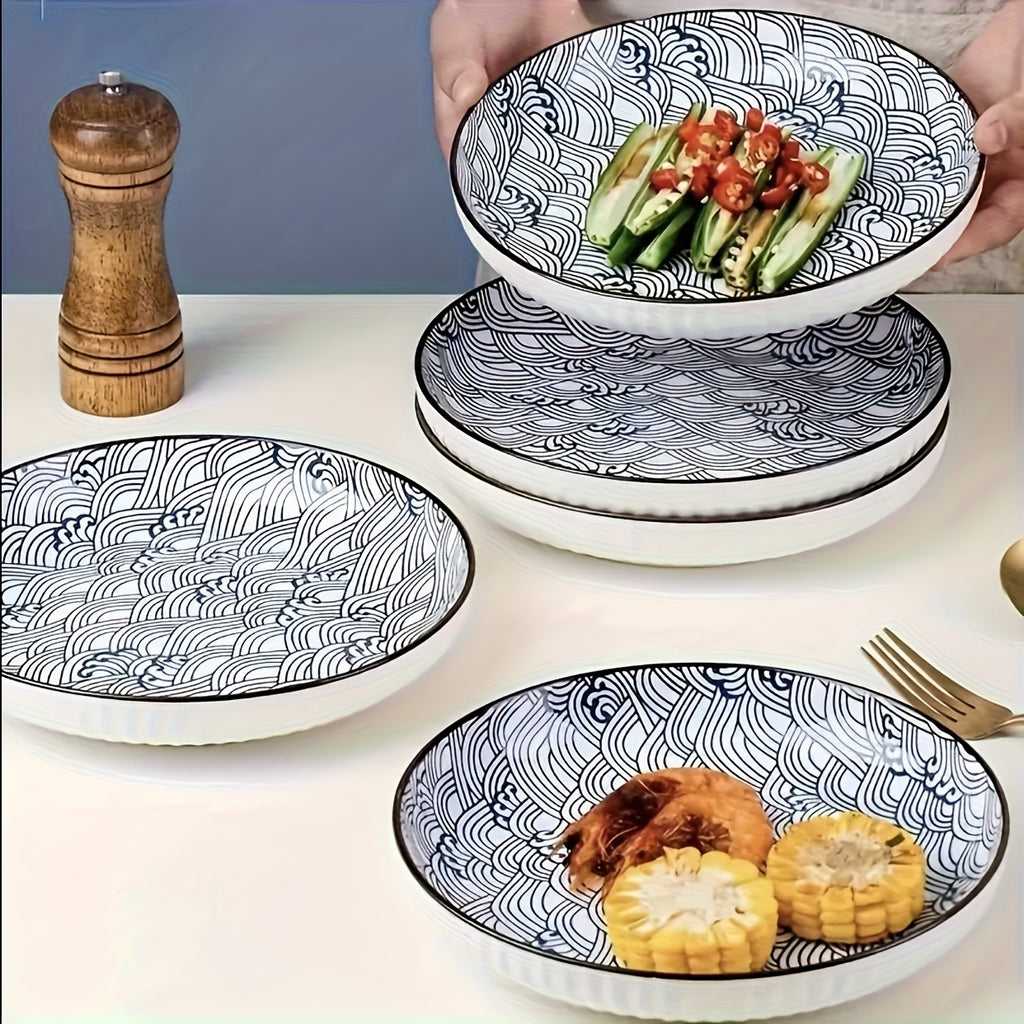 4-Piece Japanese Style Ceramic Plate Set 7 Inch Deep Round Serving Plates Nordic Floral Underglaze Non-Slip Edge for Steak Salad Home Kitchen
