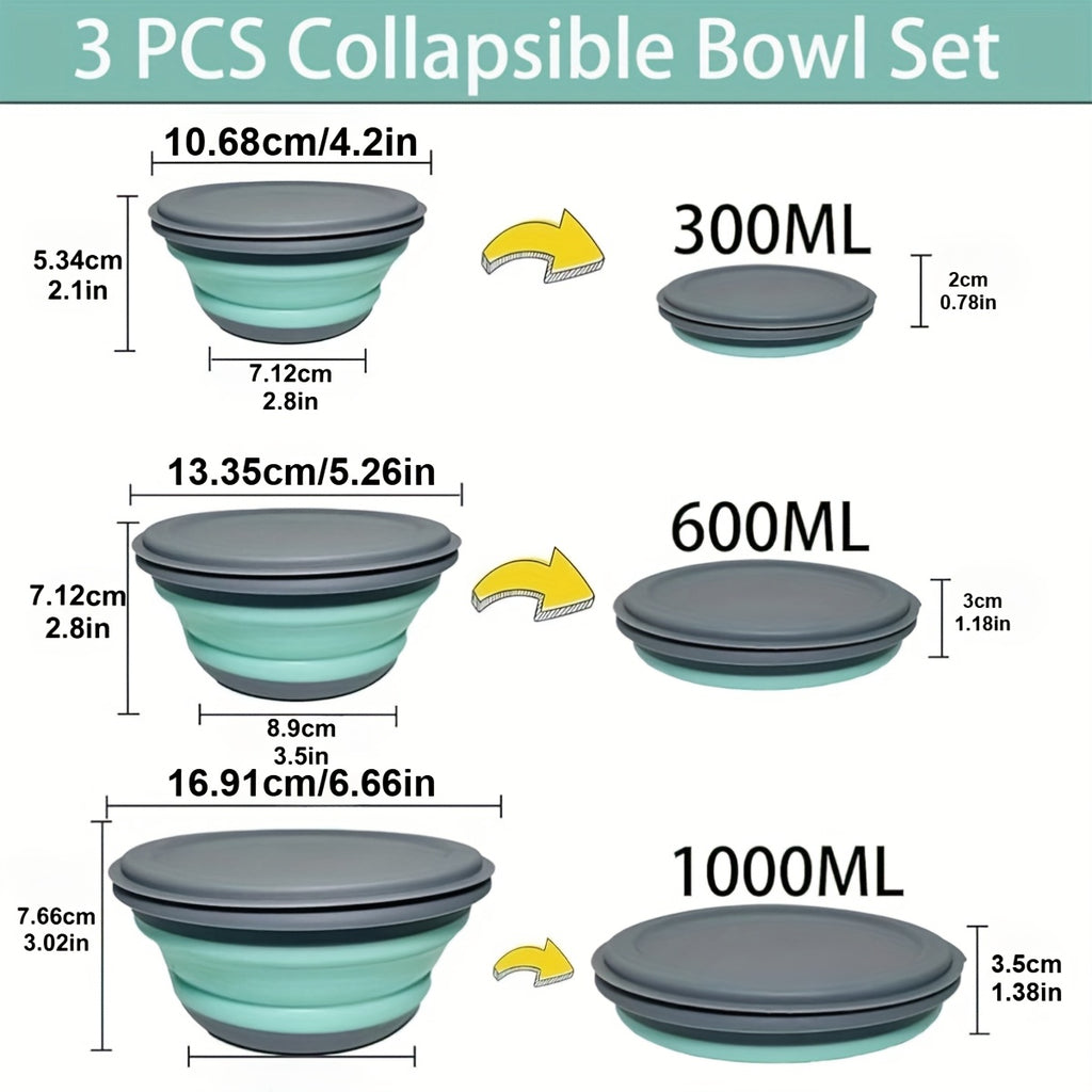 3-Pack Foldable Silicone Camping Bowls with Lids - Collapsible Stackable Food Containers with Storage Bag for Camping Hiking Salads Lunches, Rust-Proof PP, Pink Blue