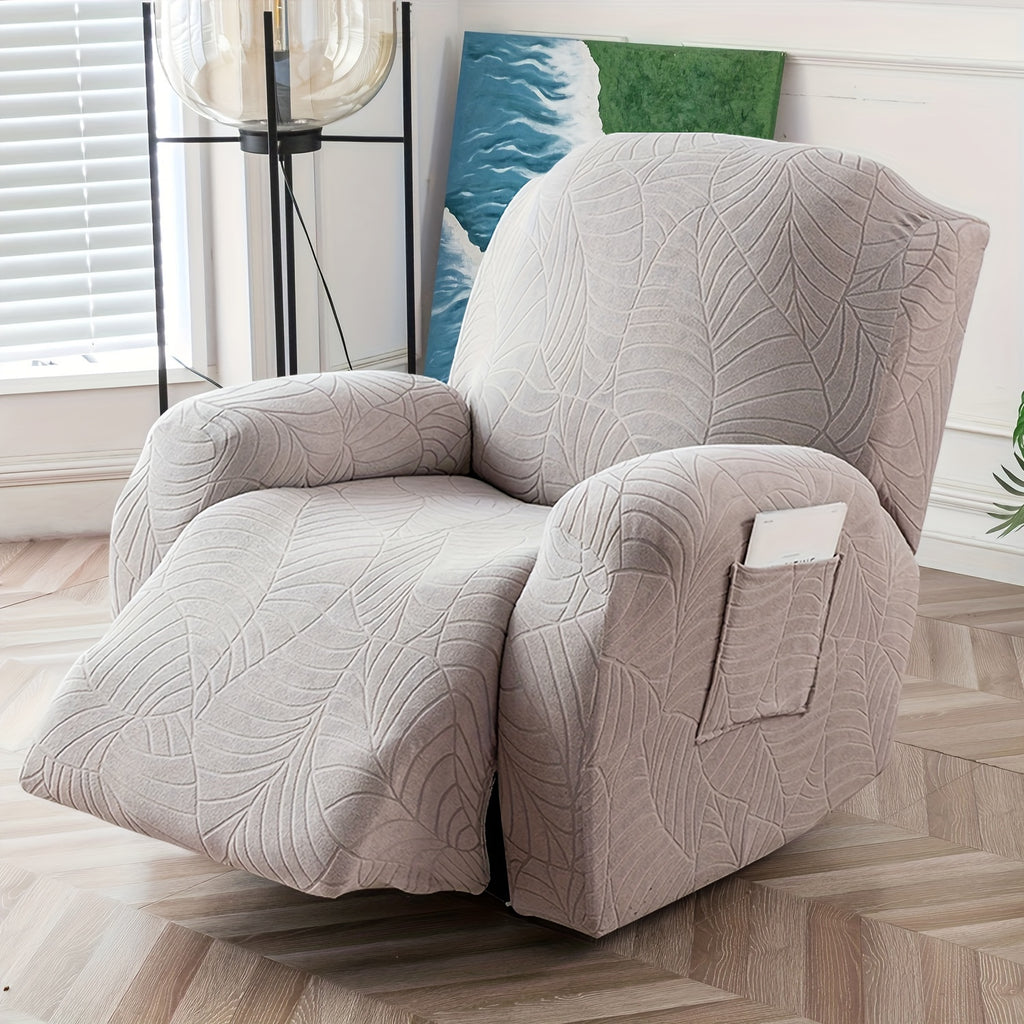 Jacquard Stretch Recliner Sofa Cover – Big Leaves Pattern, 1/2/3 Seater & Loveseat with Console, Winter Insulation Soft Washable, 6 Colors
