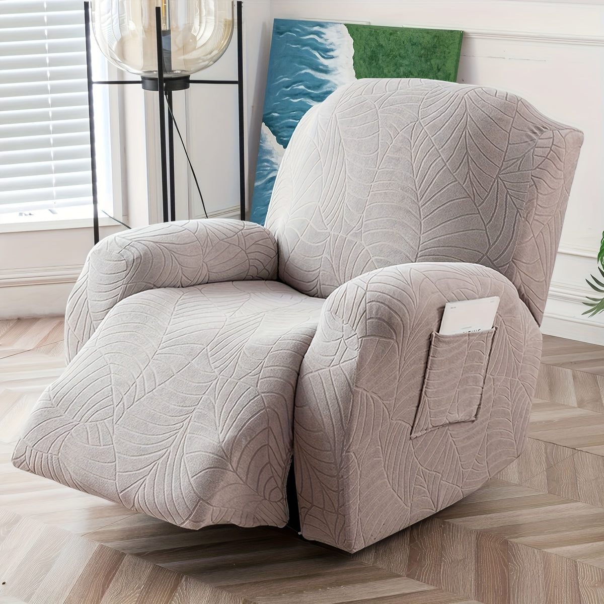 Jacquard Stretch Recliner Sofa Cover – Big Leaves Pattern, 1/2/3 Seater & Loveseat with Console, Winter Insulation Soft Washable, 6 Colors