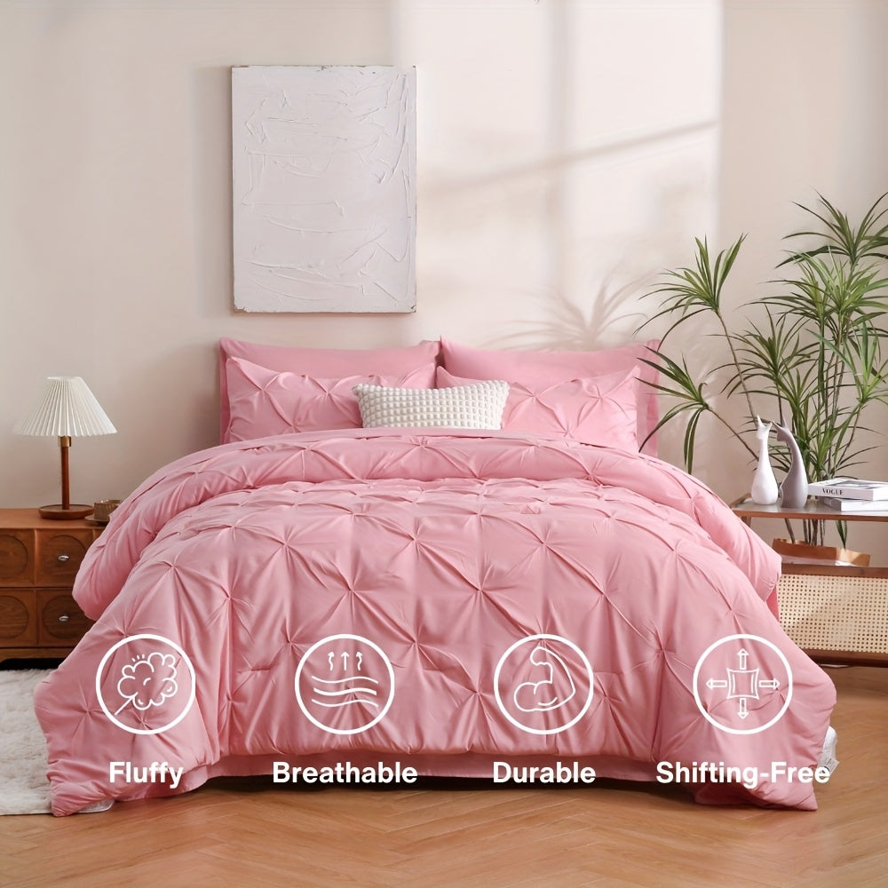 5/7pcs Pintuck Bed In A Bag Comforter Sets, Pinch Pleat Complete Bedding Sets with Comforter, Sheets & Pillowcases, Queen/King Size, All Season
