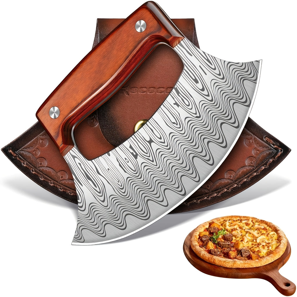 Hand-Forged Ulu Rocker Pizza Cutter & Mezzaluna Chef Knife – High Carbon Steel or Stainless Steel with Rosewood Handle, Leather Sheath & Gift Box – Kitchen, Camping & BBQ – Birthday Gift for Men
