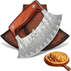 Hand-Forged Ulu Rocker Pizza Cutter & Mezzaluna Chef Knife – High Carbon Steel or Stainless Steel with Rosewood Handle, Leather Sheath & Gift Box – Kitchen, Camping & BBQ – Birthday Gift for Men