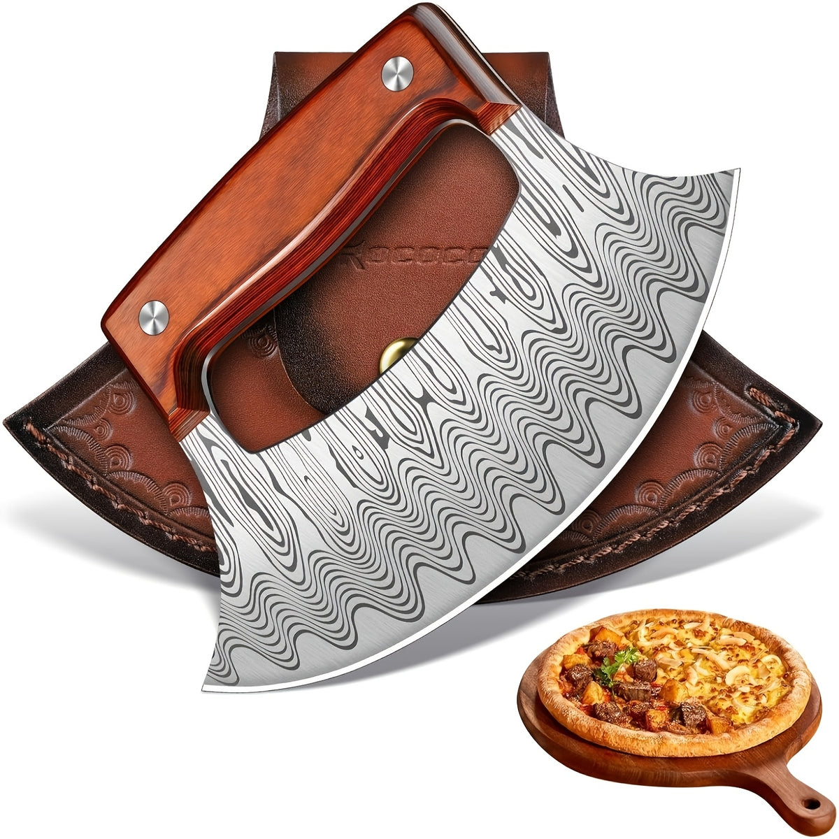 Hand-Forged Ulu Rocker Pizza Cutter & Mezzaluna Chef Knife – High Carbon Steel or Stainless Steel with Rosewood Handle, Leather Sheath & Gift Box – Kitchen, Camping & BBQ – Birthday Gift for Men