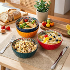 Bohemian Ceramic Salad Bowl Set of 4 with Wavy Edges 6.5" – Microwave Safe Vintage Floral Bowls for Pasta, Soup, Oatmeal & Cereal – Gift-Ready Dinnerware