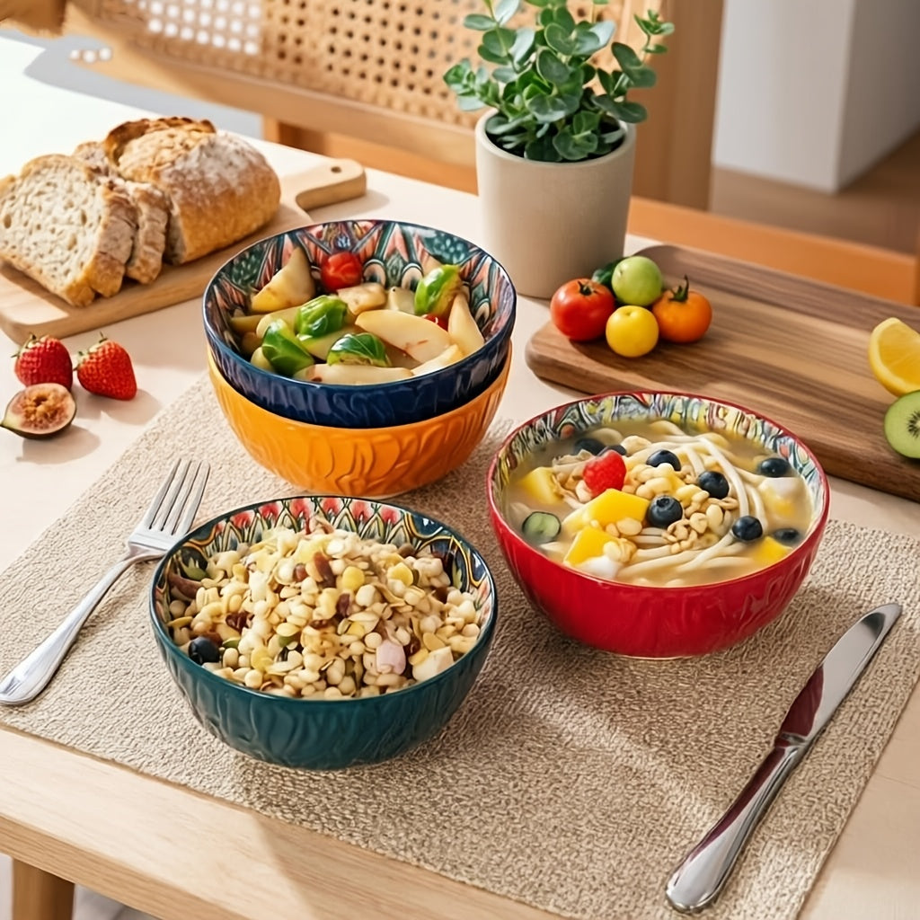 Bohemian Ceramic Salad Bowl Set of 4 with Wavy Edges 6.5" – Microwave Safe Vintage Floral Bowls for Pasta, Soup, Oatmeal & Cereal – Gift-Ready Dinnerware