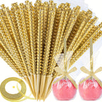 Candy Apple Sticks Bling Caramel Apple Wooden Skewers with Gift Bags & Glitter Ribbons - 25 or 49 Pack Decorative Cake Pop Sticks for Party Supplies, Halloween, Holidays, Silvery & Golden