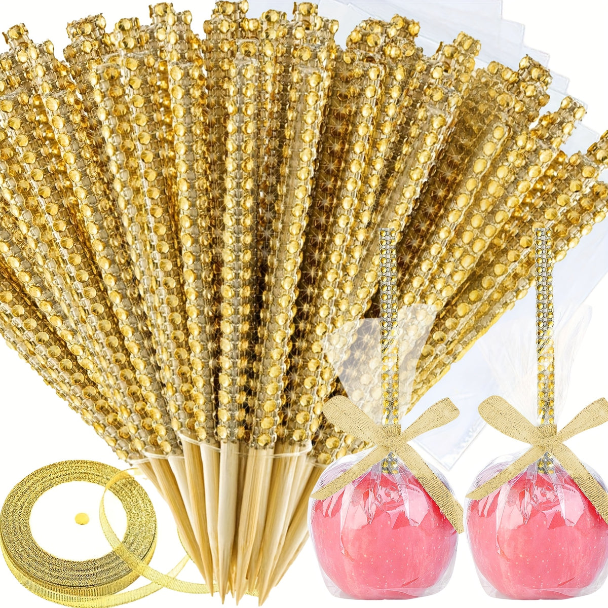Candy Apple Sticks Bling Caramel Apple Wooden Skewers with Gift Bags & Glitter Ribbons - 25 or 49 Pack Decorative Cake Pop Sticks for Party Supplies, Halloween, Holidays, Silvery & Golden