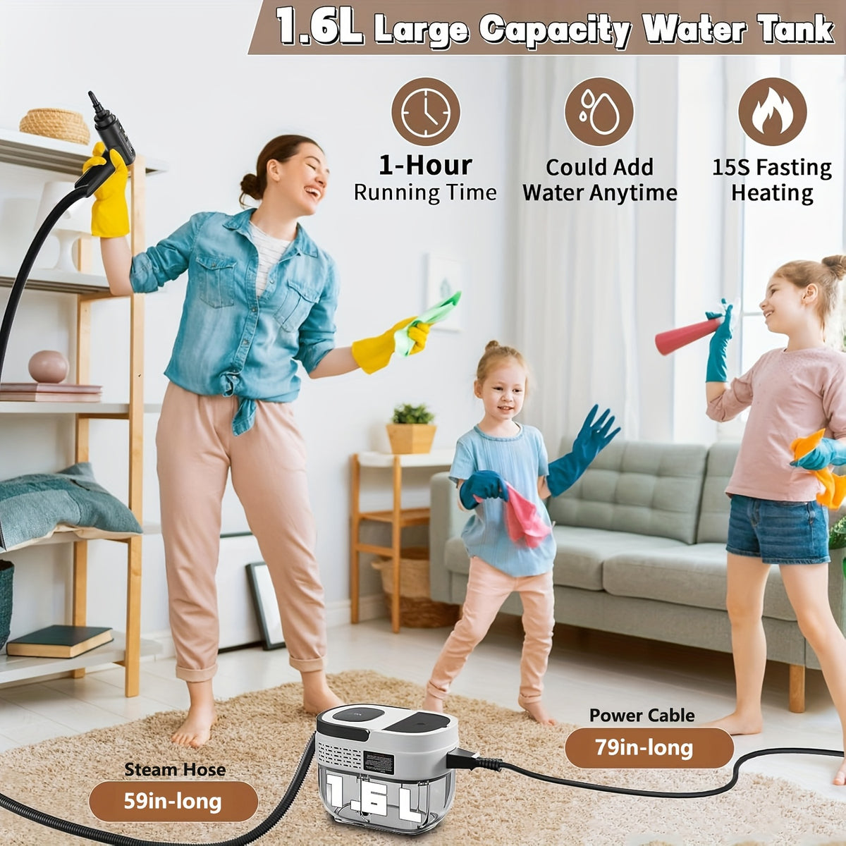 Handheld Steam Cleaner High Pressure 54oz Tank 3-Level Adjustable Handle Portable for Home Car Furniture Grout Bed Bugs 3 Colors