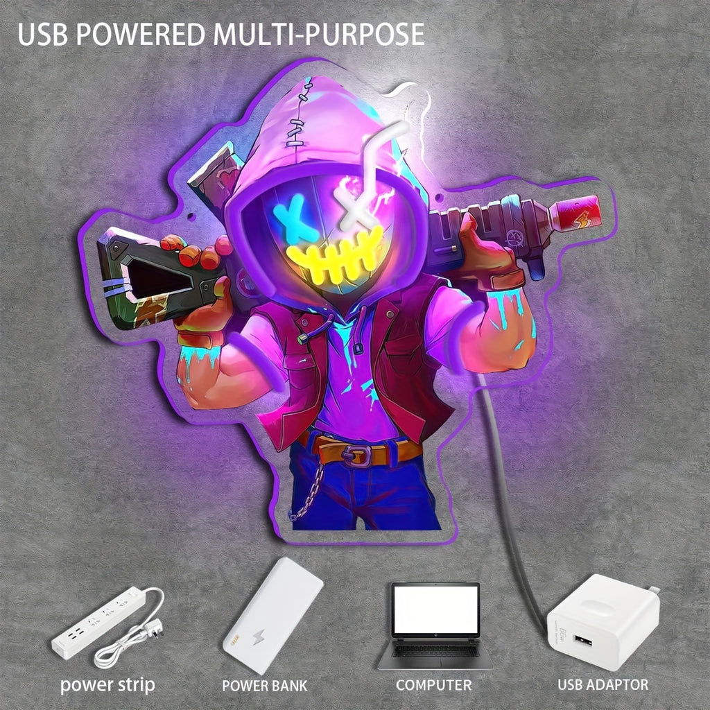 Neon Marksman LED Wall Art Sign UV Printed USB Powered – Glowing Gun Wall Decor for Game Room, Bar, Man Cave & Bedroom – Colorful or Yellow