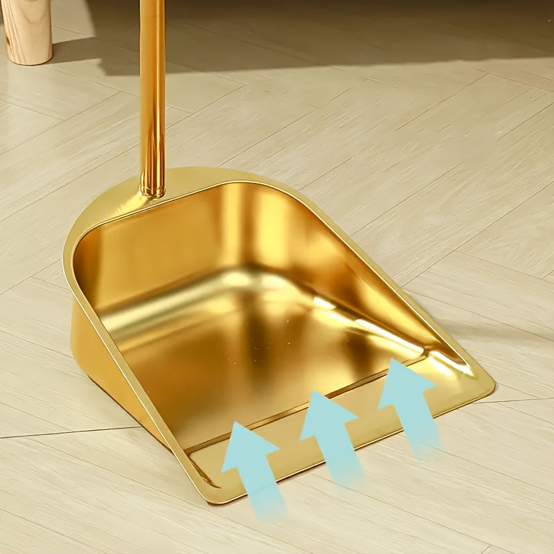 Golden Stainless Steel Broom and Dustpan Set – Standing Upright Floor Sweeper for Home, Office, Patio, Garden & Restaurant