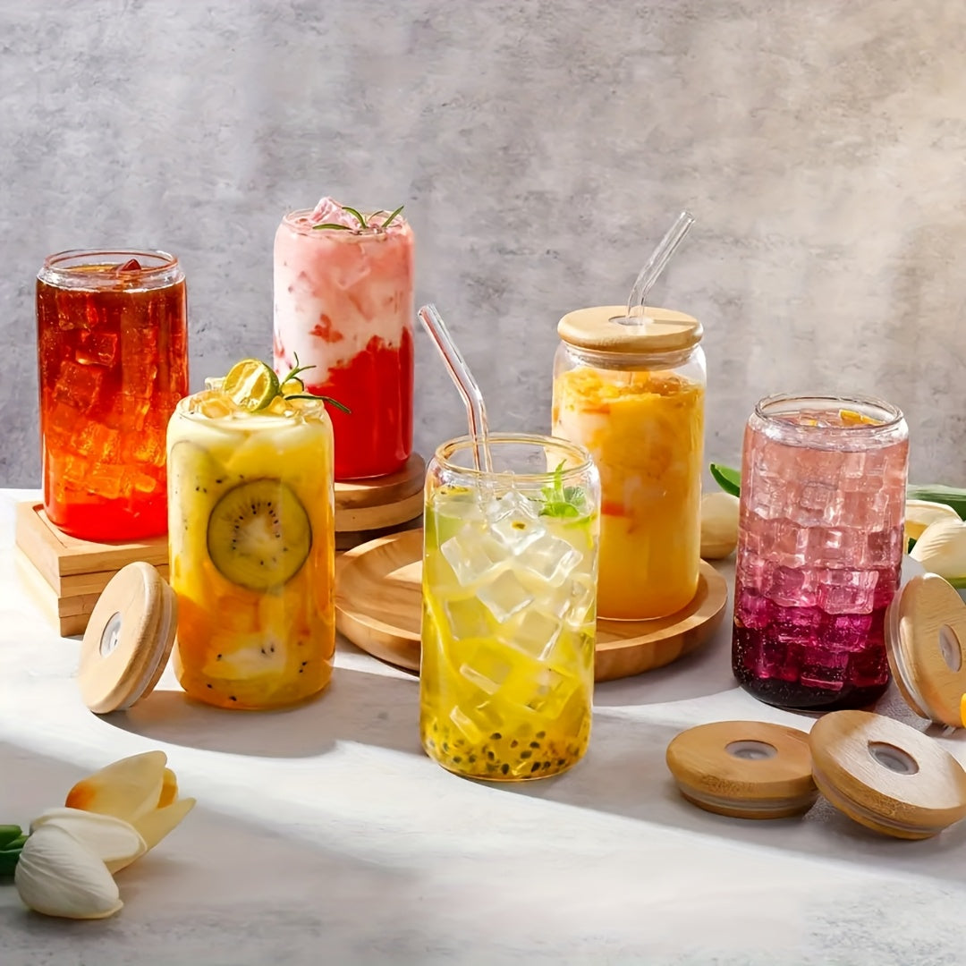 Can Shaped Glass Cups Set 18.6oz 550ml with Lids Straws & Cleaning Brush - Iced Coffee Boba Tea Smoothie Cola Drinking Glasses Gift for Women Men Girls | Nuvia Haven