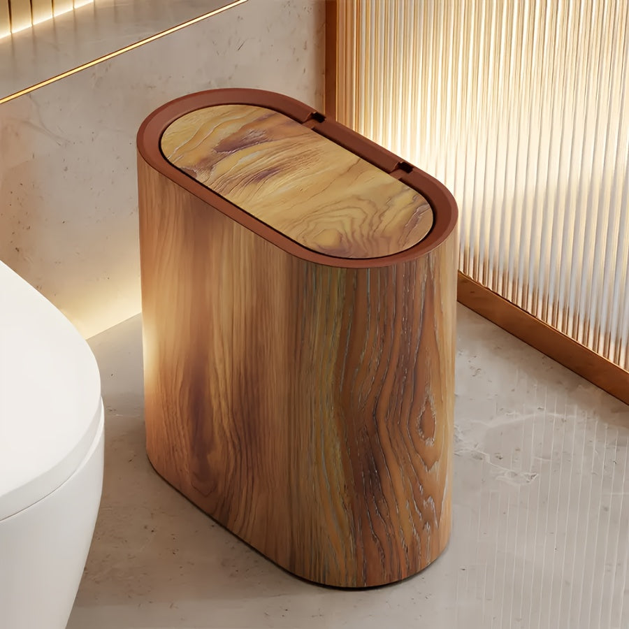 Marble & Wood Grain Plastic Waste Bin with Built-In Handle – Rust-Proof Space-Saving Trash Can for Bathroom Laundry Room Home Office
