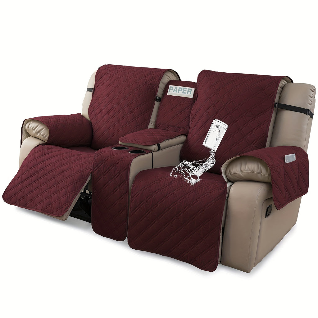 Recliner Loveseat Cover with Console 4-Piece Chenille Quilted Waterproof Slipcover | Non-Slip Pet Scratch Resistant Sofa Protector with Cup Holder Pocket, 9 Colors