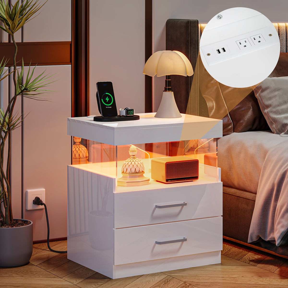 LED Nightstand with Charging Station USB Ports Outlets High Gloss Adjustable LED Lights 2 Storage Drawers Wood End Table Bedroom Living Room White Black 1pc or 2pcs