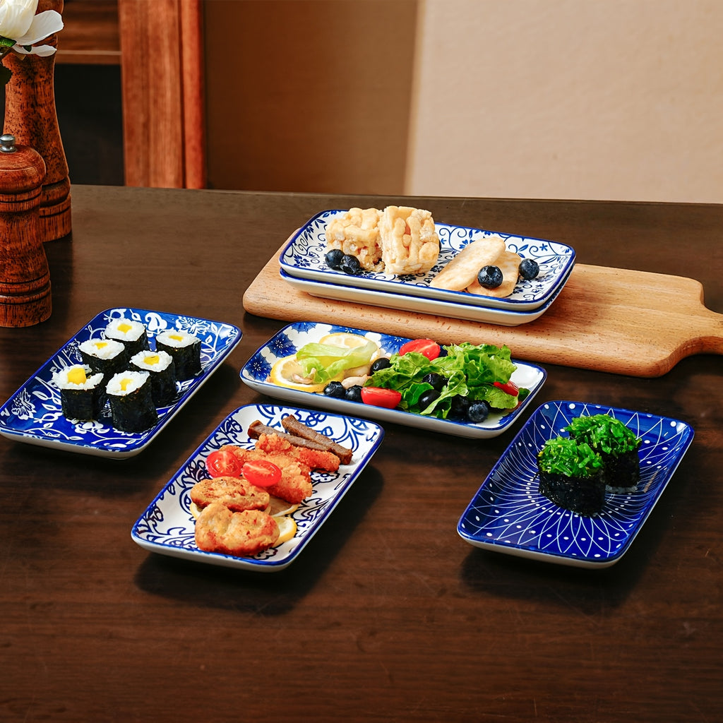 Ceramic Rectangular Serving Plates Set of 6 - Porcelain Sushi Platters 8 Inch with Blue White & Assorted Patterns, Microwave Dishwasher Oven Safe Dinnerware for Sushi Salad Dessert Appetizers