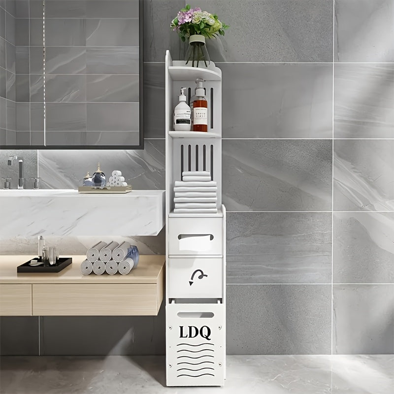 47-Inch Slim Floor Bathroom Storage Cabinet with Toilet Paper Holder & Hidden Trash Can – Narrow PVC Space-Saving Organizer Shelf for Small Bathroom, Apartment, Dorm, Kitchen, Laundry Room & Entryway