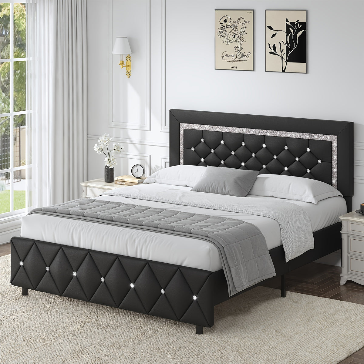 Upholstered Bed Frame with Diamond Tufted Headboard & Footboard – Faux Leather, Wooden Slats, No Box Spring Needed | Twin Full Queen King
