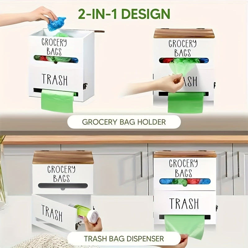 Wooden Trash Bag Dispenser Hanging Rack Under Sink Organizer for Garbage Bags Shopping Bags Tissues – Easy Install Space-Saving Kitchen Storage