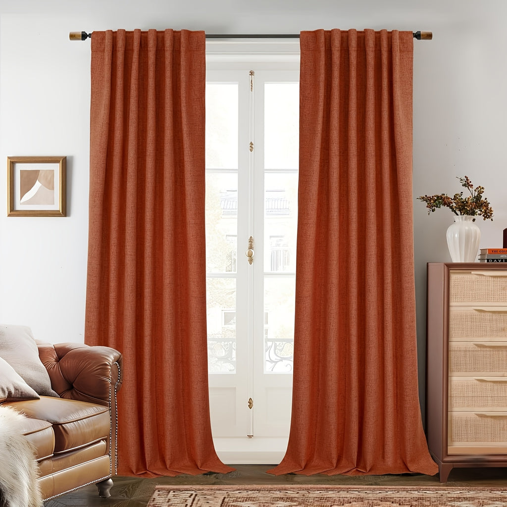 Linen Blackout Curtains 2 Panels – 100% Light Blocking Farmhouse Thermal Insulated Drapes, Rod Pocket Back Tab Ring Clips, Machine Washable, Living Room Bedroom, 9 Colors Multiple Sizes