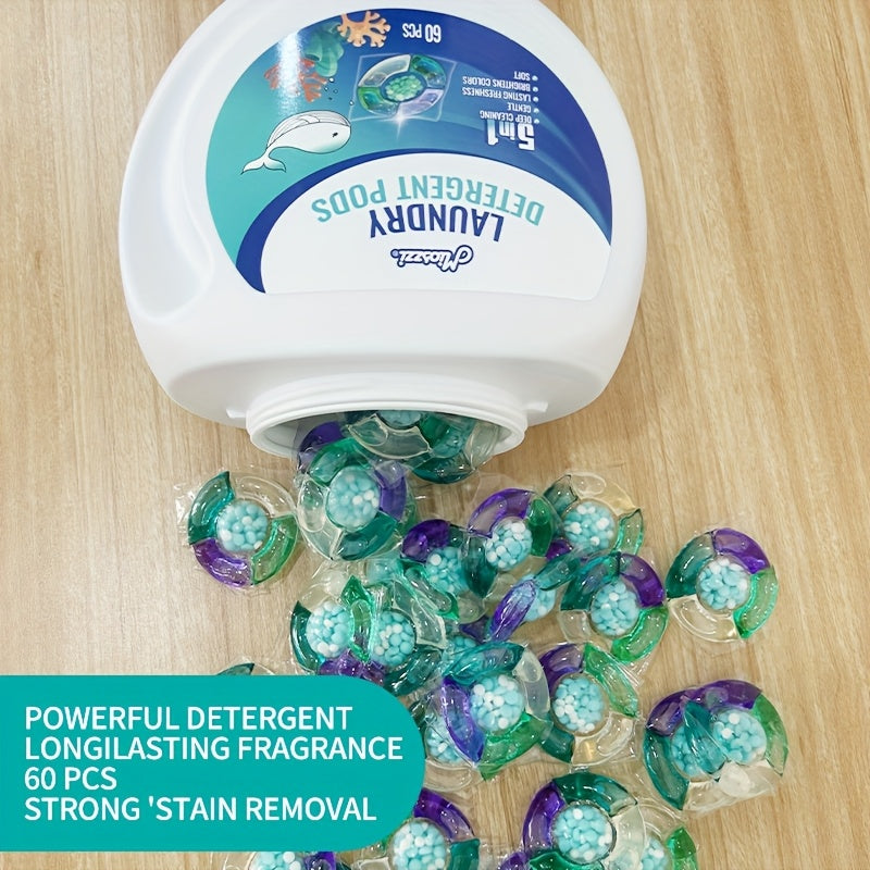5-in-1 Laundry Detergent Pods, Ocean Breeze Scent, 8X Cleaning Power – HE Compatible Stain & Odor Eliminator Liquid Capsules, Fabric Safe, 60 / 120 Count