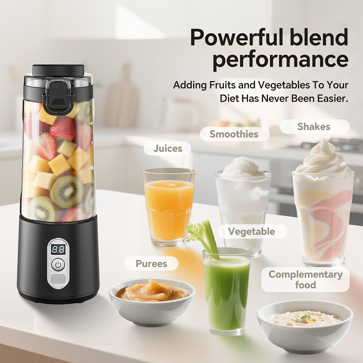 Portable Blender USB-C Rechargeable 6-Blade Stainless Steel – Ice Crush Smoothie Maker with Digital Timer, Battery Display & No-Spill Lid for Gym, Travel & Protein Shakes, Pink or White