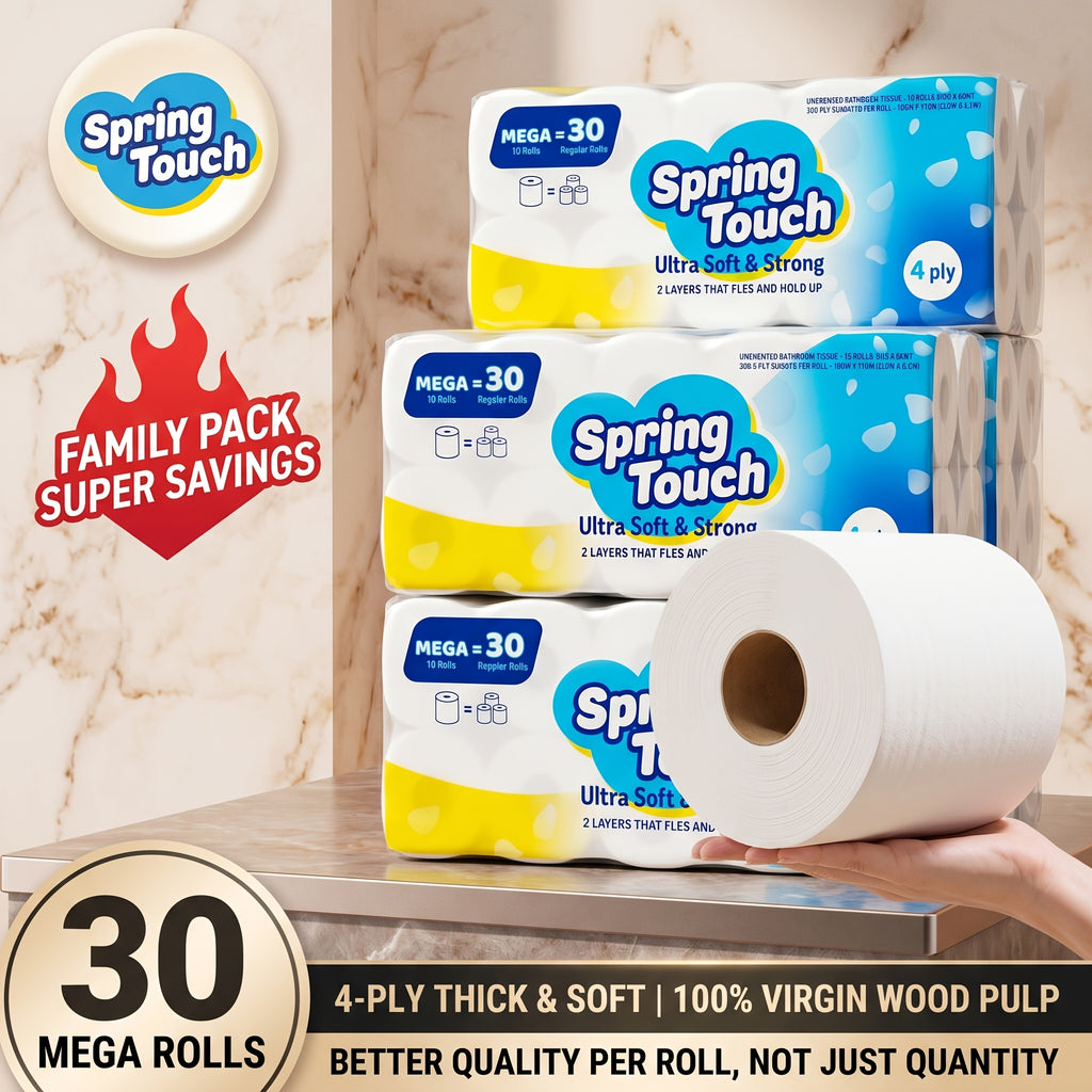 4-Ply Ultra-Soft Toilet Paper Bulk Rolls - Virgin Wood Pulp, Thick & Strong, No Flakes, Gentle on Skin, 10 / 20 / 30 Roll Packs for Home, Office & Hotel Bathrooms