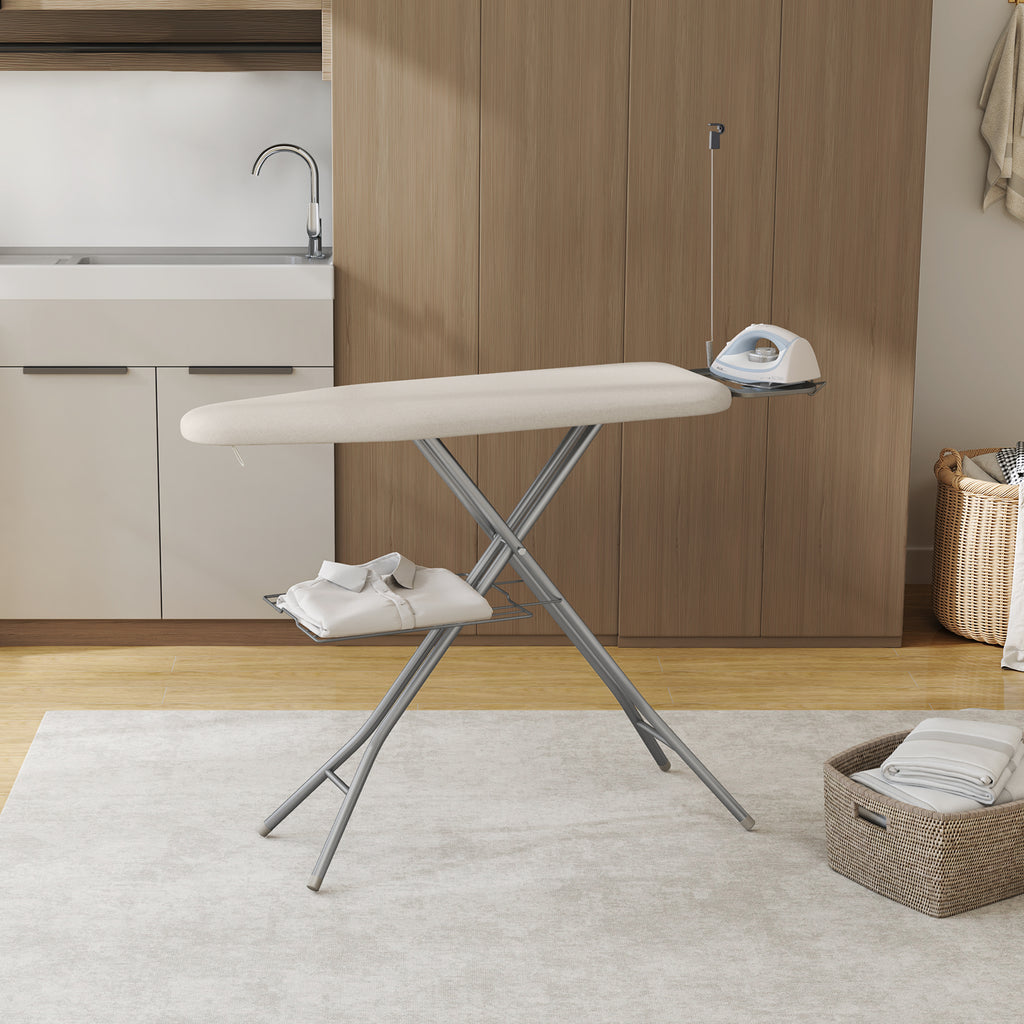 Full-Size Foldable Ironing Board Height-Adjustable – Heavy-Duty Steel Legs, 4-Layer Padding, Iron Rest, Cord Holder & Storage Rack for Laundry Room, Living Room & Dorm | Beige & Gray