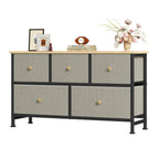 5-Drawer Wide Dresser with Fabric Bins – Freestanding Wood Frame Chest of Drawers, Low Profile Compact Storage Organizer for Bedroom, Hallway, Living Room & Closet, Space-Saving Furniture in Khaki/Green