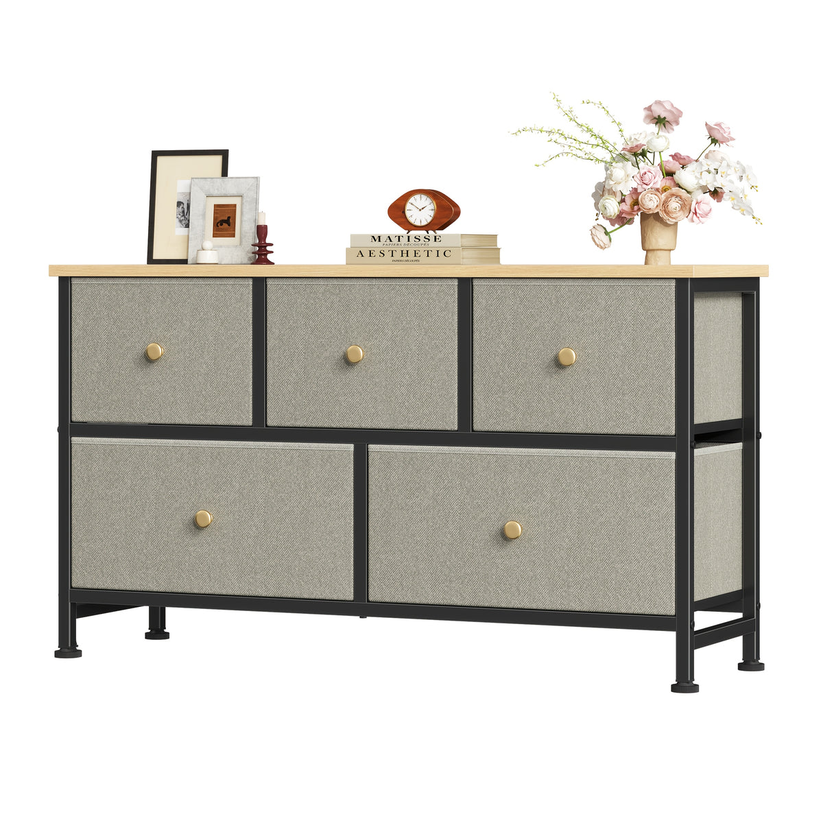5-Drawer Wide Dresser with Fabric Bins – Freestanding Wood Frame Chest of Drawers, Low Profile Compact Storage Organizer for Bedroom, Hallway, Living Room & Closet, Space-Saving Furniture in Khaki/Green
