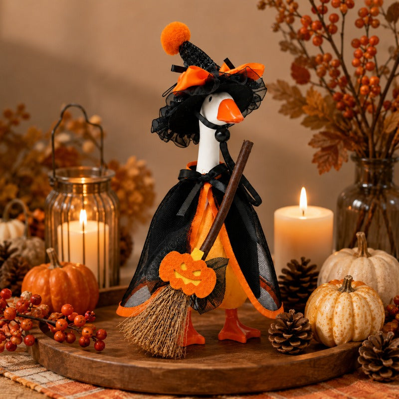Witch Goose Dress-Up Set 4 Piece – 7-Inch Halloween Goose Statue Costume with Black Mesh Cape, Hat, Lining & Pumpkin Broom | Tabletop Goose Decor Outfit for Indoor & Porch Decoration